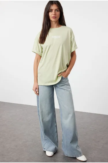 Mint 100% Cotton Back and Front Printed Oversize/Wide Cut Knitted T-Shirt