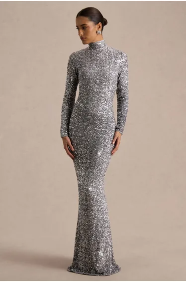 Galaxy | Silver Sequin Turtle-Neck Long-Sleeve Maxi Dress