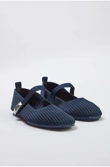 Navy Blue Knitwear Women's Ballerinas with Metal Accessory Detail