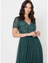Maya Emerald Green Short Sleeve V Neckline Embellished Maxi Dress - 2