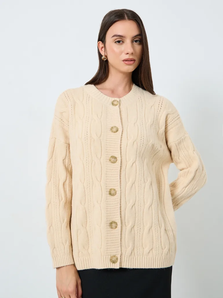 Beige Longline Cable Knit Cardigan - 2