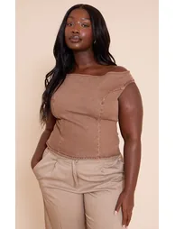 Plus Brown Off The Shoulder Stretch Denim Top - 1
