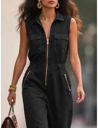 Loose Sleeveless Pockets Solid Color Zipper Lapel Jumpsuits - 3