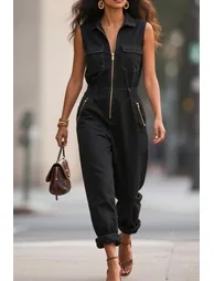 Loose Sleeveless Pockets Solid Color Zipper Lapel Jumpsuits