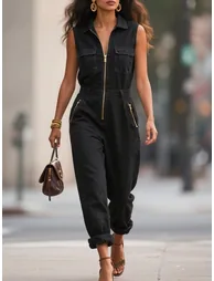 Loose Sleeveless Pockets Solid Color Zipper Lapel Jumpsuits - 1