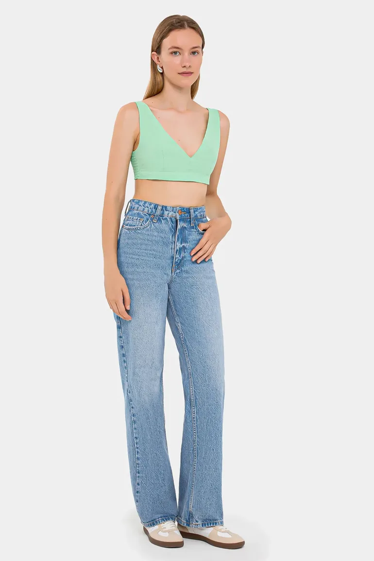 V-Neck Sleeveless Woven Crop Top - 2