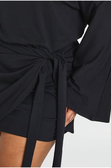 Plus Cotton Elastane Tie Detail Mini Dress - black product thumbnail 4