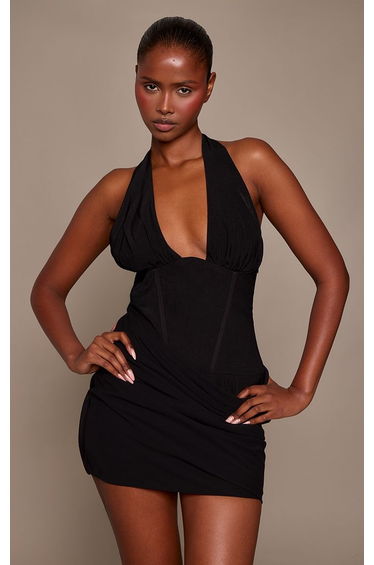 Black Corset Halter Neck Draped Mini Dress