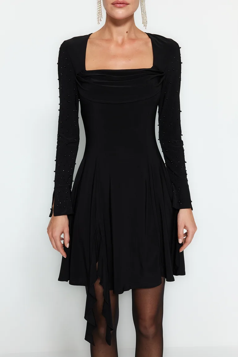 Black A-Line Mini Dress with Long Sleeves - 2