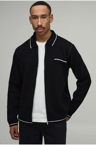 Relaxed Boxy Tipped Knitted Zip Through Cardigan - black
