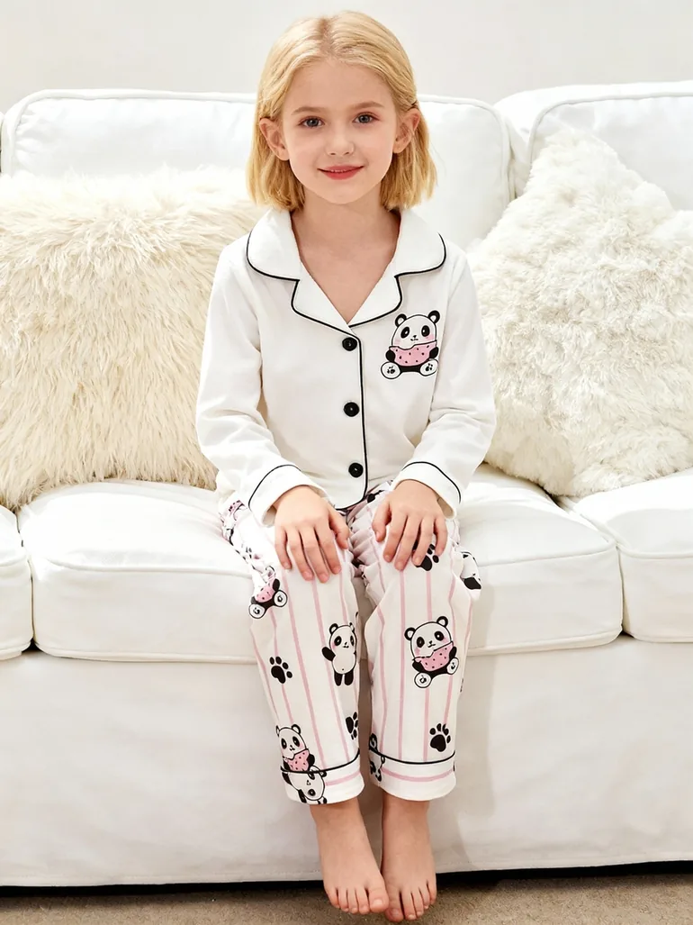 Girls Panda Print Long Sleeve Shirt and Pyjama Set - 5
