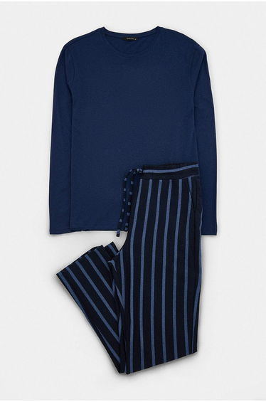 Navy Blue Regular Fit Striped Textured Knitted Pajama Set product thumbnail 3
