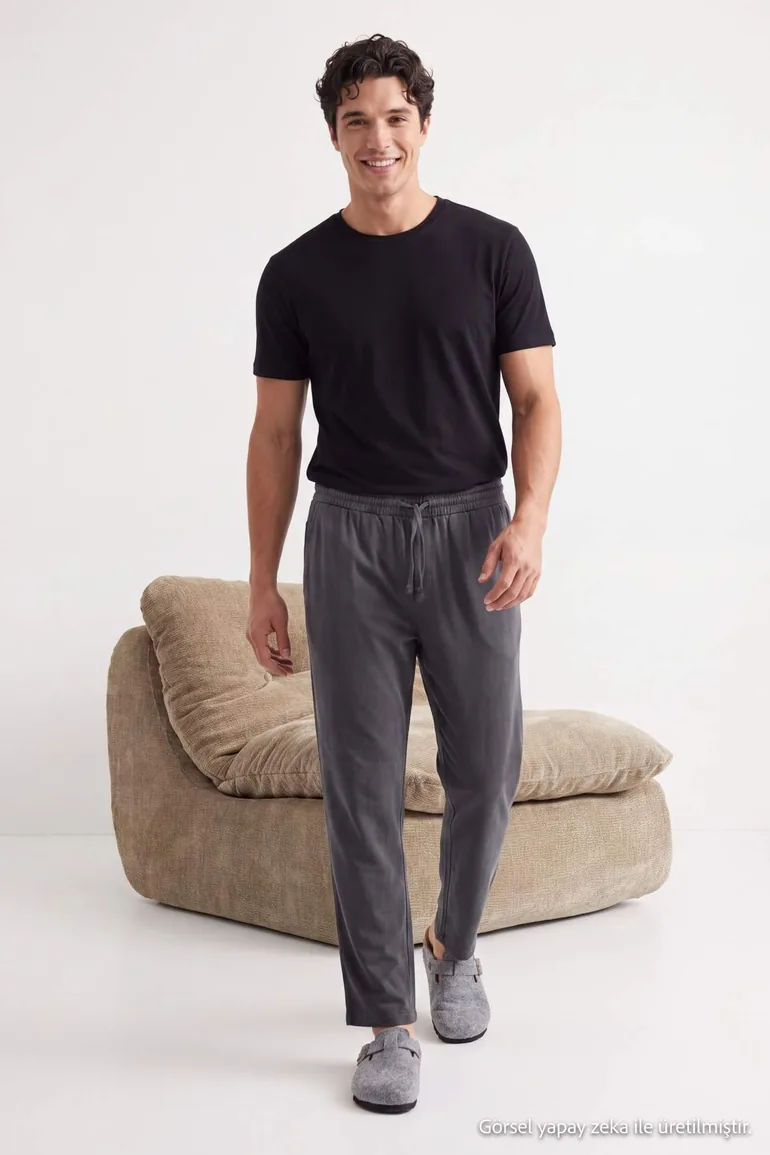 Black Regular Basic 100% Cotton Knitted Pajamas Set - 5