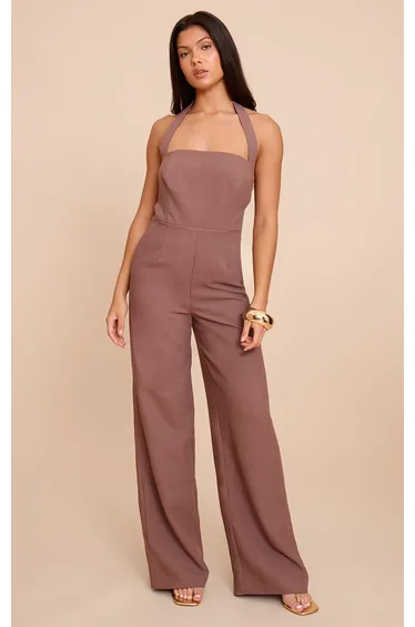 Chocolate Premium Woven Halter Neck Wide Leg Jumpsuit