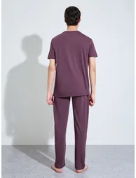 Men Purple Slogan Print Top and Solid Pants Pyjama Set - 5