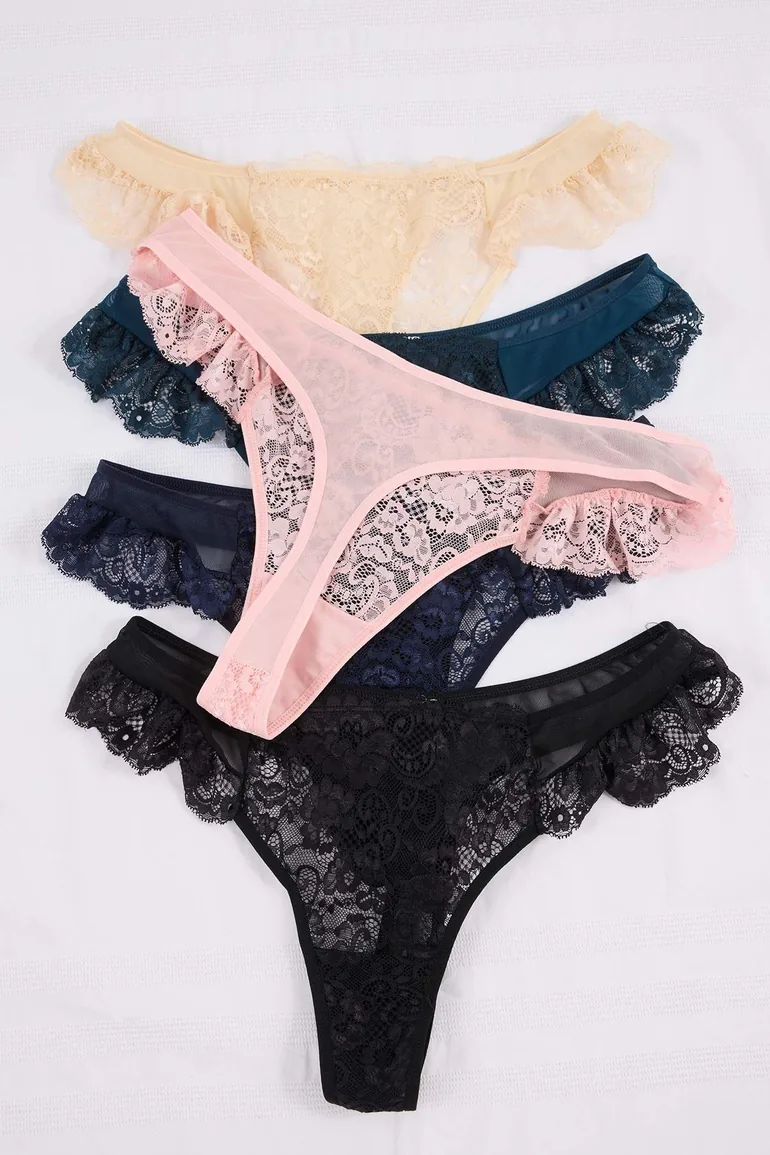 Blue-Multicolor 5'Li Package Tulle Lace Detailed Thong Knitted Large Size Panties - 2