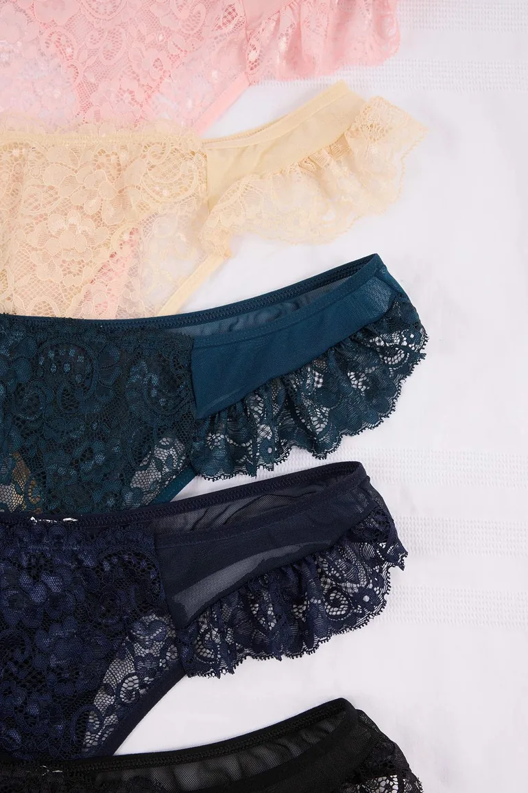 Blue-Multicolor 5'Li Package Tulle Lace Detailed Thong Knitted Large Size Panties - 1
