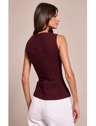 Dark Burgundy Sleeveless Zip Up Denim Top - 1