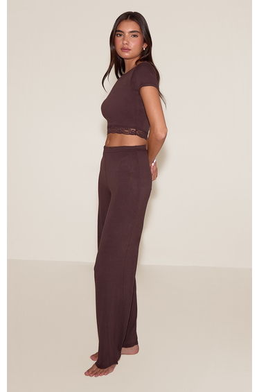 Chocolate Brown Jersey Lace Trim Long PJ Set product thumbnail 2