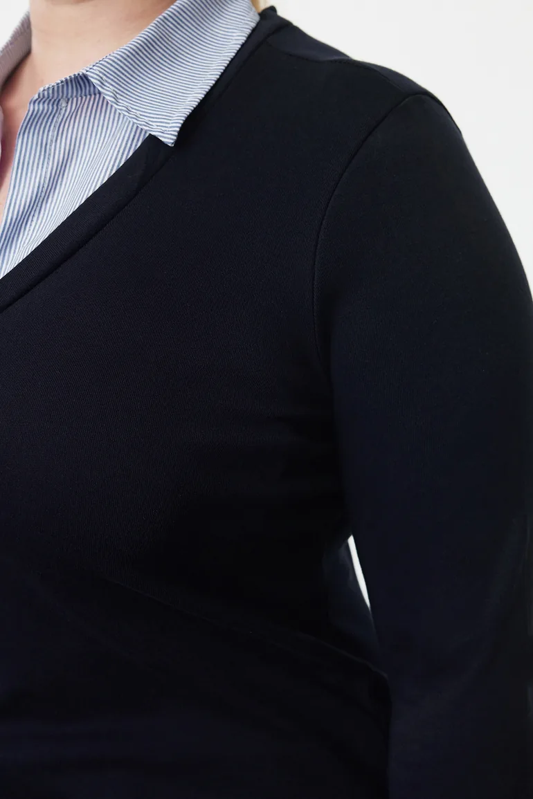 Navy Blue Shirt Collar Detailed Jersey Knit Plus Size Blouse - 3