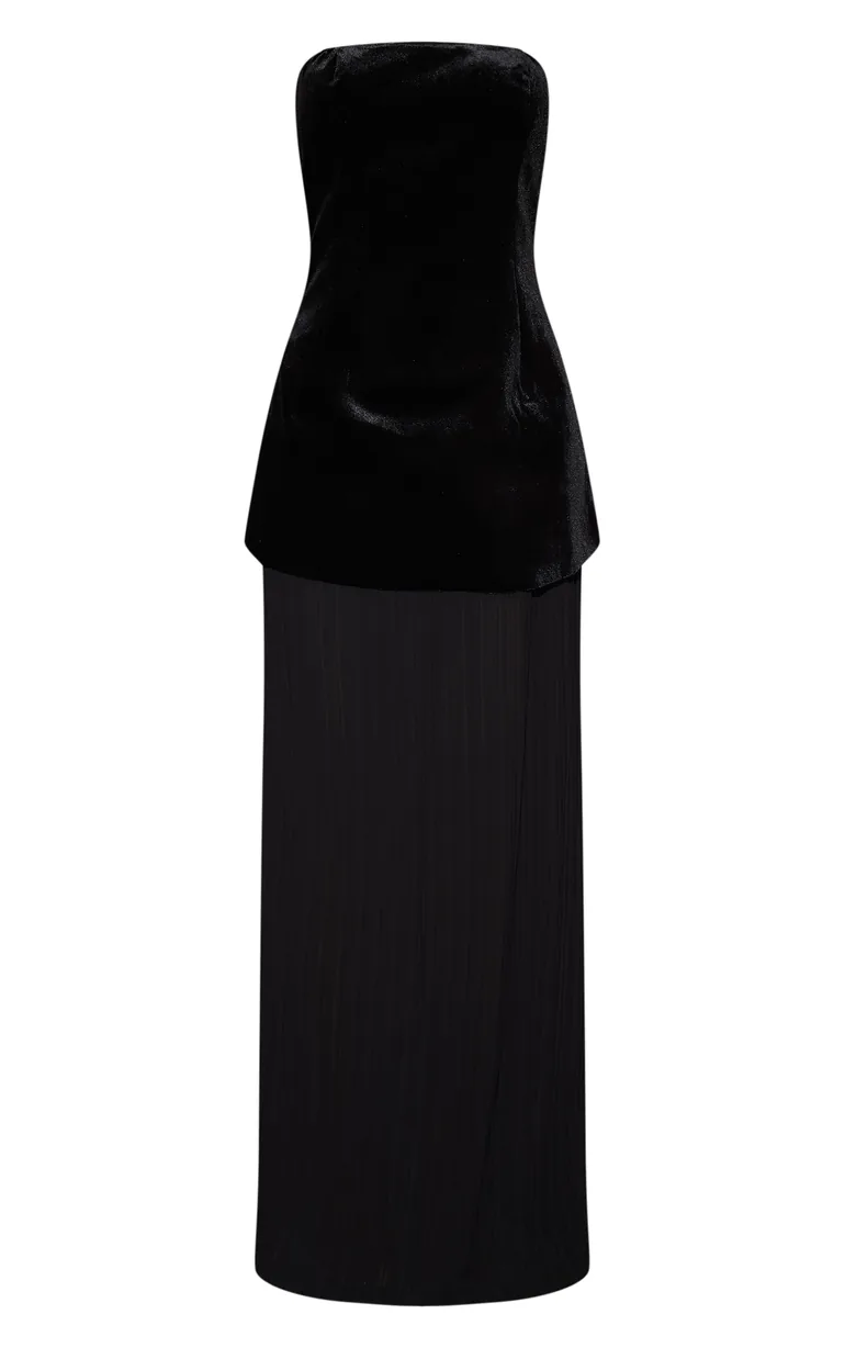 Black Velvet Bandeau Pleated Chiffon Skirt Panel Maxi Dress - 4