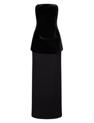 Black Velvet Bandeau Pleated Chiffon Skirt Panel Maxi Dress - 4