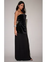 Black Velvet Bandeau Pleated Chiffon Skirt Panel Maxi Dress - 1