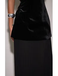 Black Velvet Bandeau Pleated Chiffon Skirt Panel Maxi Dress - 3
