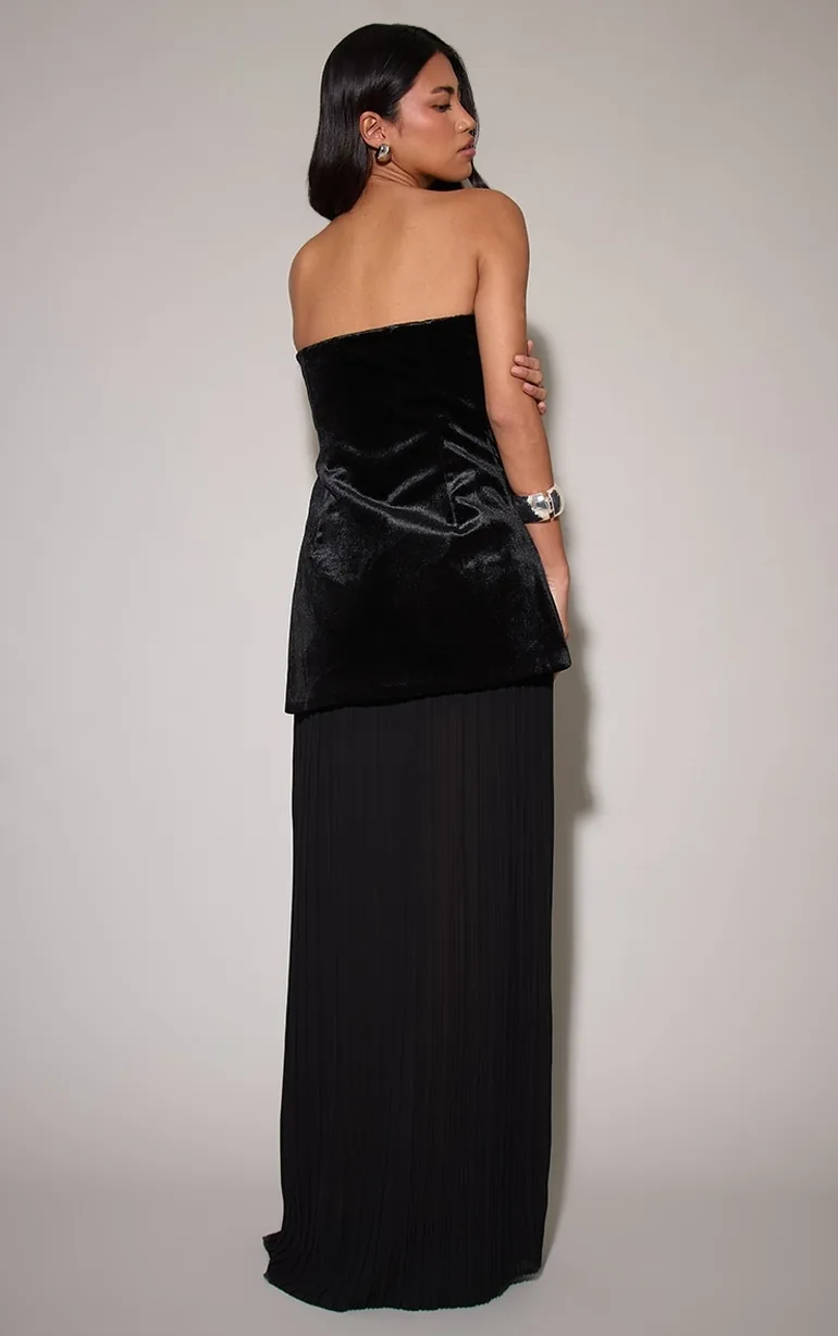 Black Velvet Bandeau Pleated Chiffon Skirt Panel Maxi Dress - 2