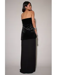 Black Velvet Bandeau Pleated Chiffon Skirt Panel Maxi Dress - 2