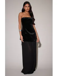 Black Velvet Bandeau Pleated Chiffon Skirt Panel Maxi Dress
