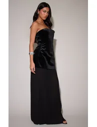 Black Velvet Bandeau Pleated Chiffon Skirt Panel Maxi Dress - 5
