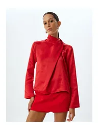 Satin Blouse Asymmetric Stand Collar Draped Detail Long Sleeve - 2
