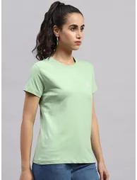 Women Green Solid Round Neck Short Sleeve Top - 2