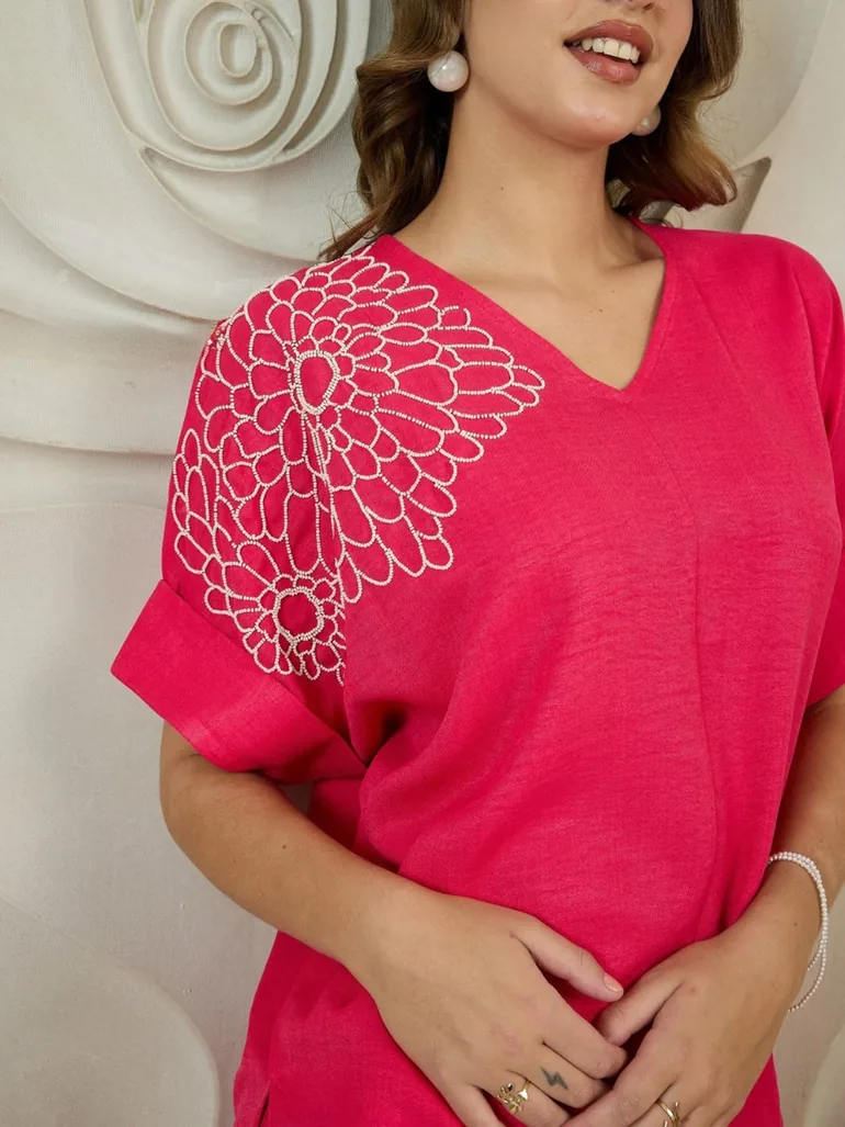 Pink V Neck Beaded Top and Pants Co-ords - 1