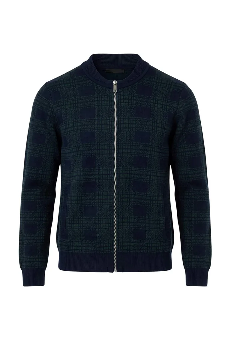 Navy Blue Premium Yarn/Special Yarn Plaid Patterned Knitwear Cardigan - 4