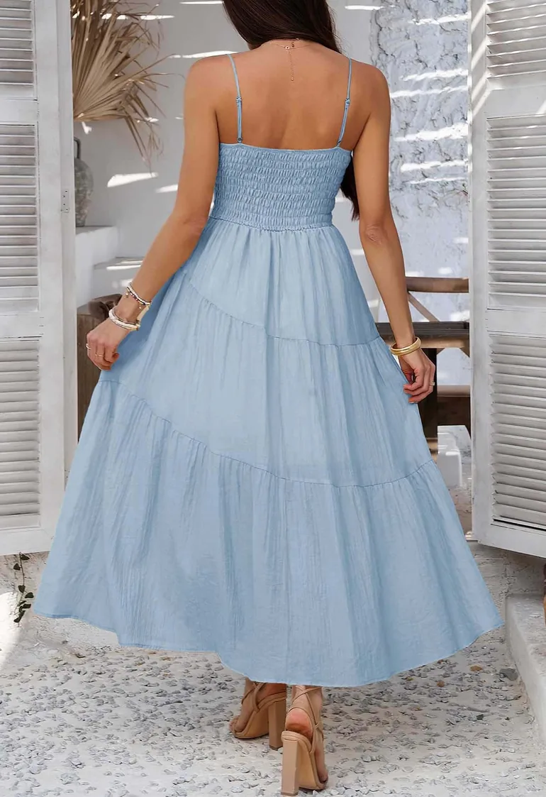 Self-Tie Bowknot Shirred Crinkled Tiered Dress in Light Blue - 6