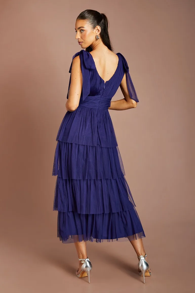 Tie Shoulder Tiered Mesh Bridesmaid Midi Dress - 2