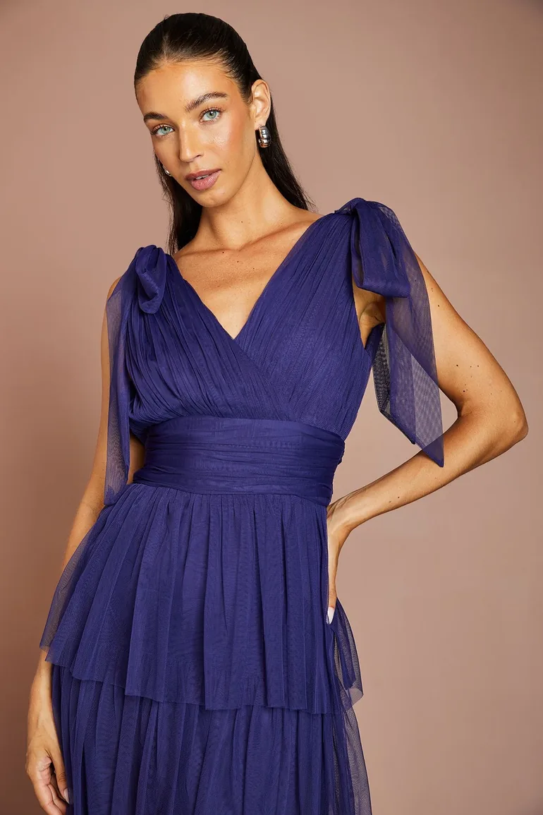 Tie Shoulder Tiered Mesh Bridesmaid Midi Dress - 3