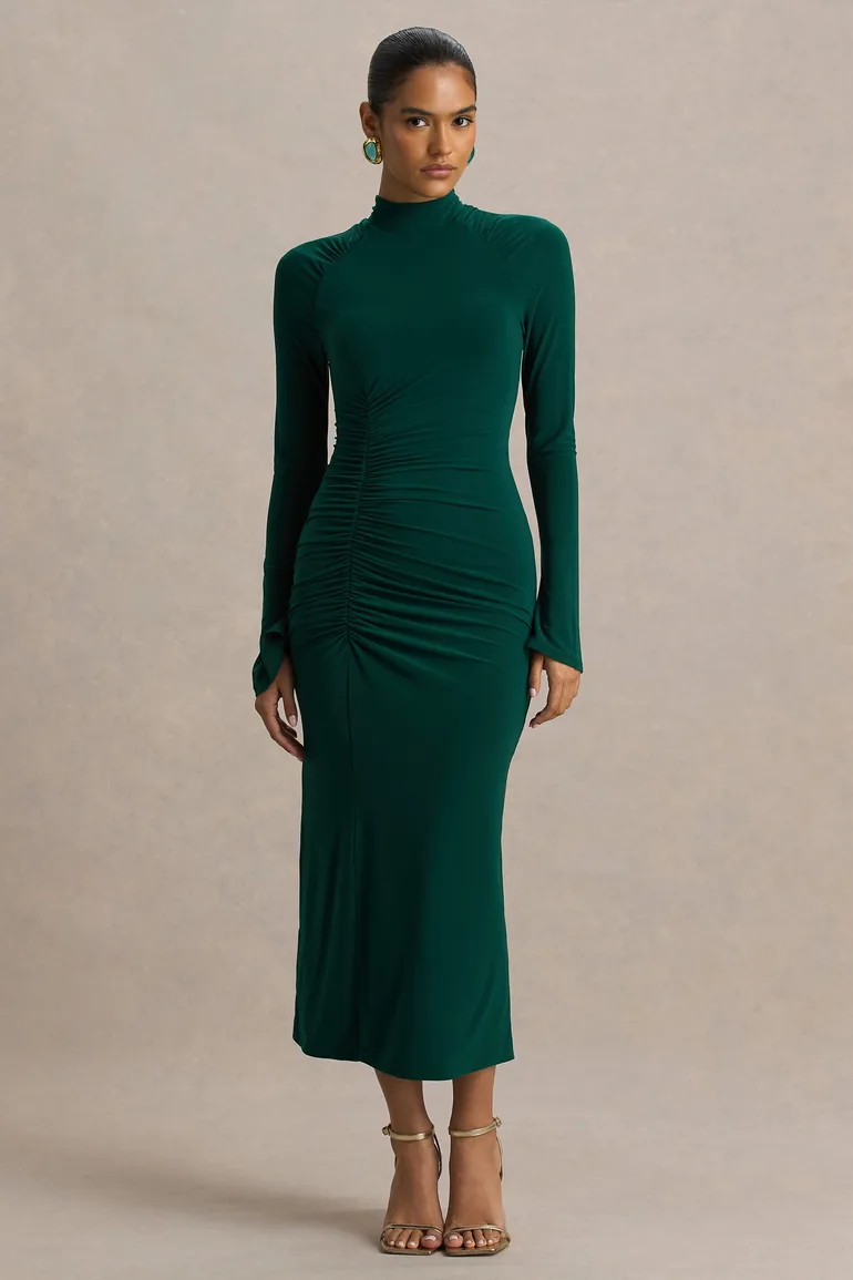 Cassandra | Bottle Green High-Neck Long-Sleeve Midi Dress - 5