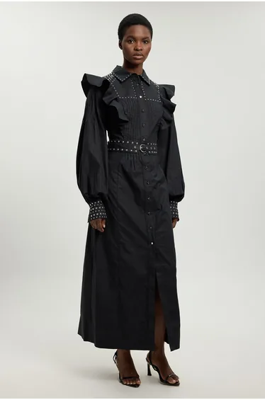 Petite Cotton Sateen Drama Sleeve Studded Woven Maxi Shirt Dress