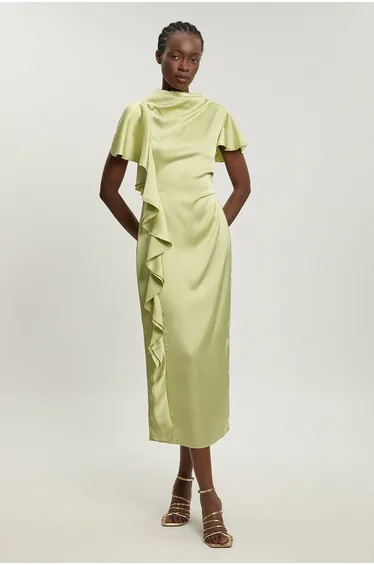 Petite Textured Satin Ruffle Detail Midi Dress