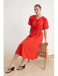 Pomegranate Flower Straight Midi Woven Dress - 1