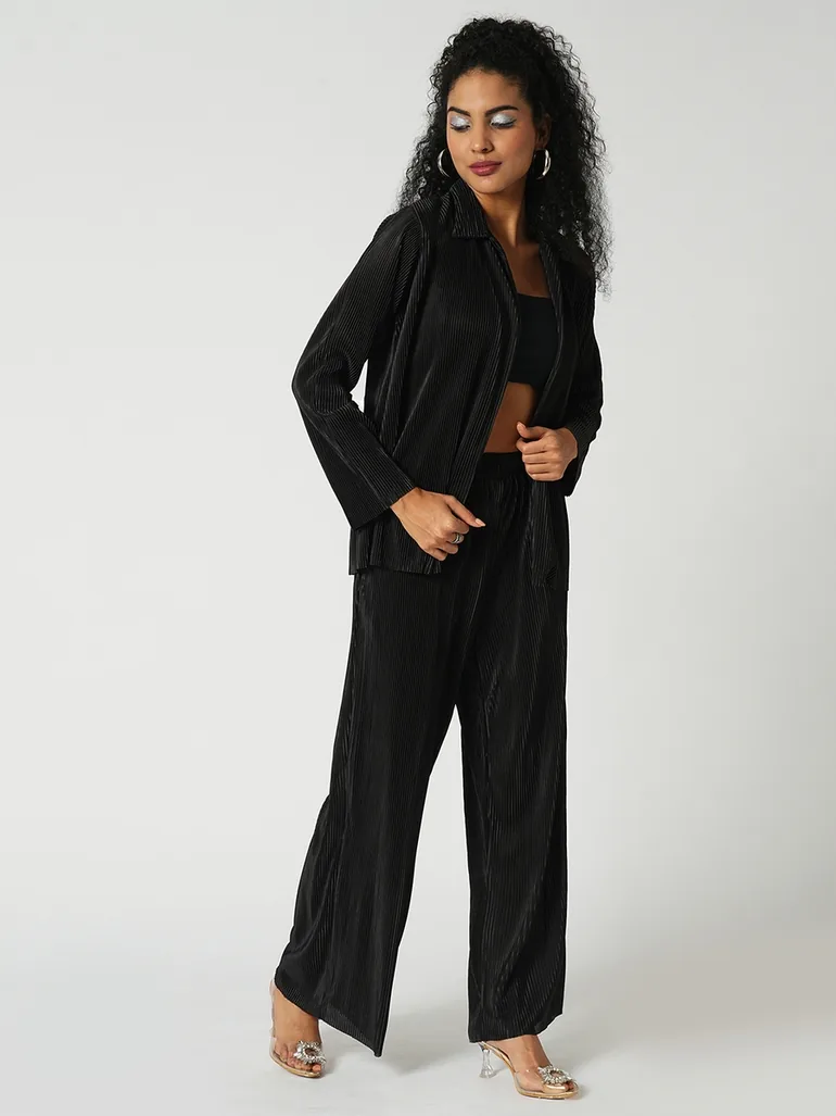 Black Accordion Plisse Shirt and Trousers Co-Ords