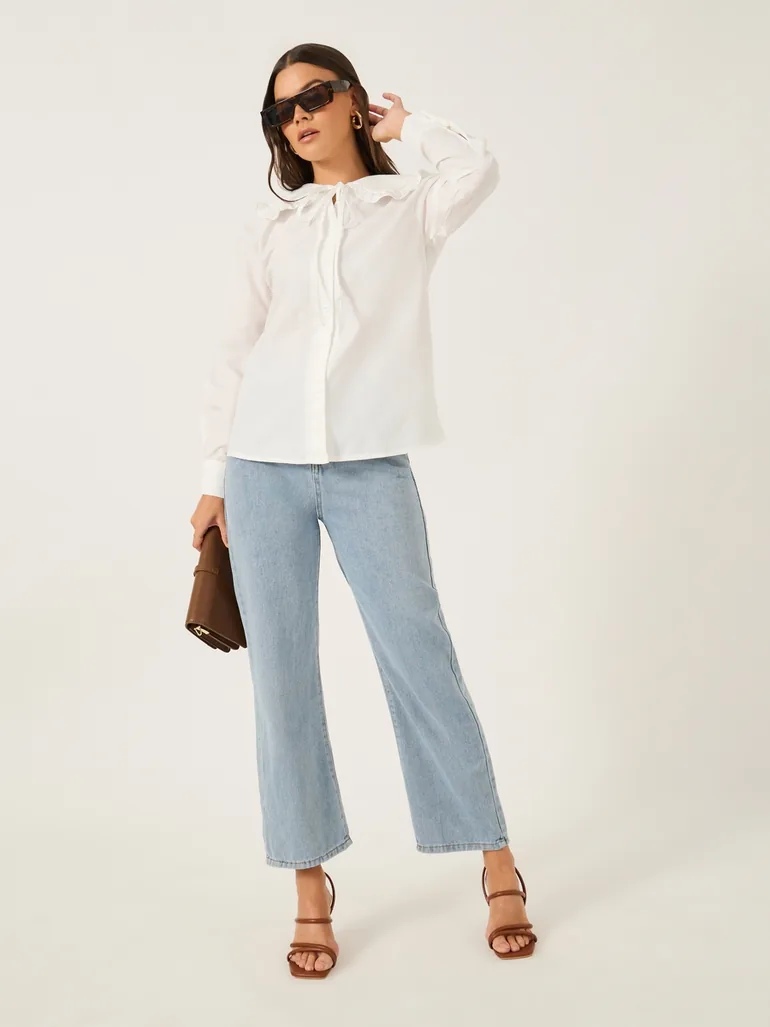Solid Peter Pan Collar Button Front Blouse with Tie Detail
