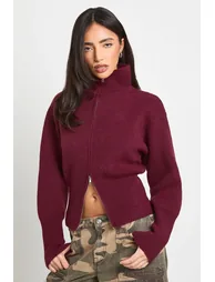 High Neck Zip Through Cardigan - plum - 1