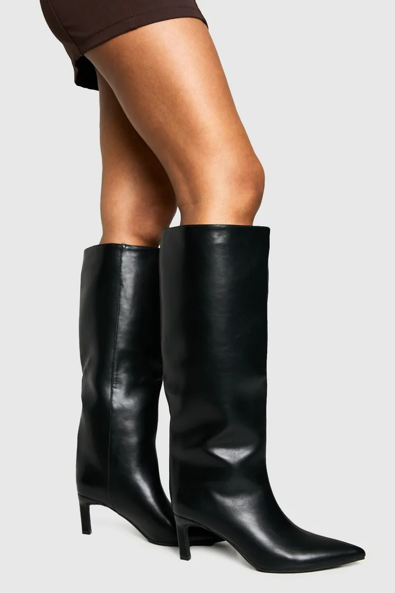 Column Pointed Knee High Heeled Boots - black