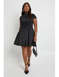 Plus Asymmetric Waistband Skater Dress - black