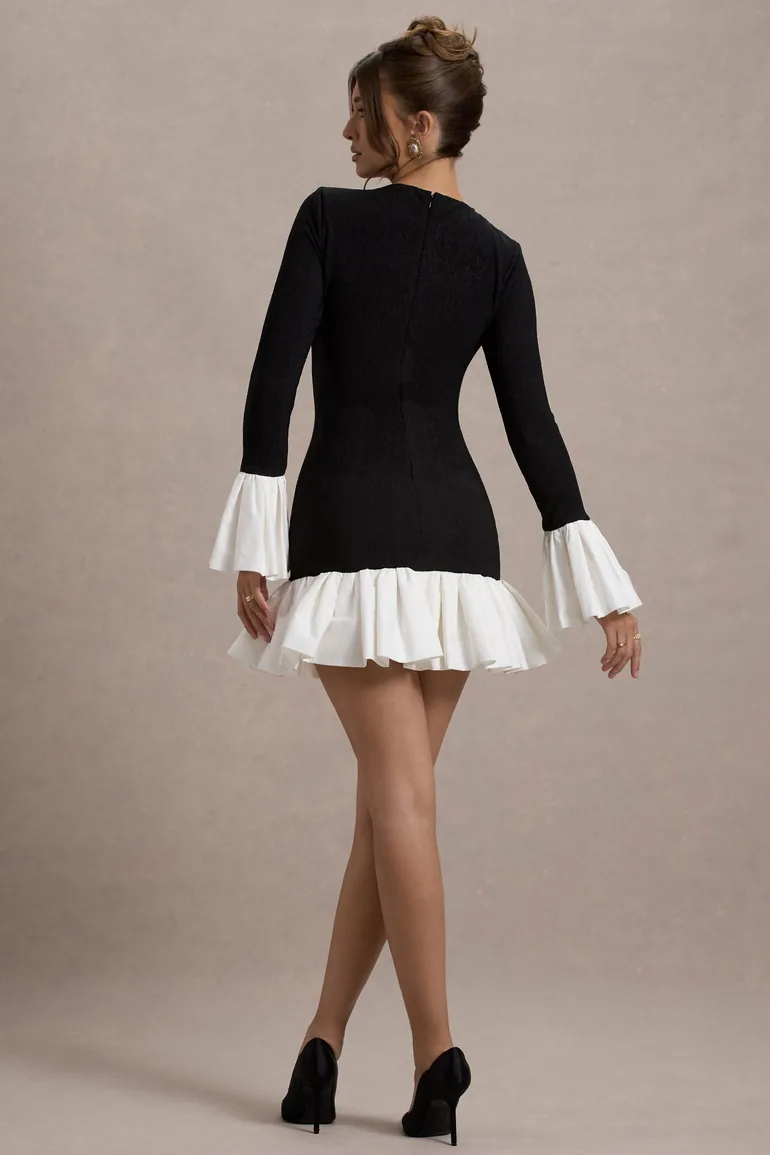 Josefina | Black Long-Sleeve Mini Dress With White Satin Trims - 2