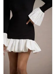 Josefina | Black Long-Sleeve Mini Dress With White Satin Trims - 3